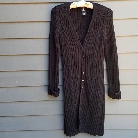 Y2K Black Ribbed Q knitwear Midi/Maxi Cardigan Sweater Size Med - Picture 1 of 9